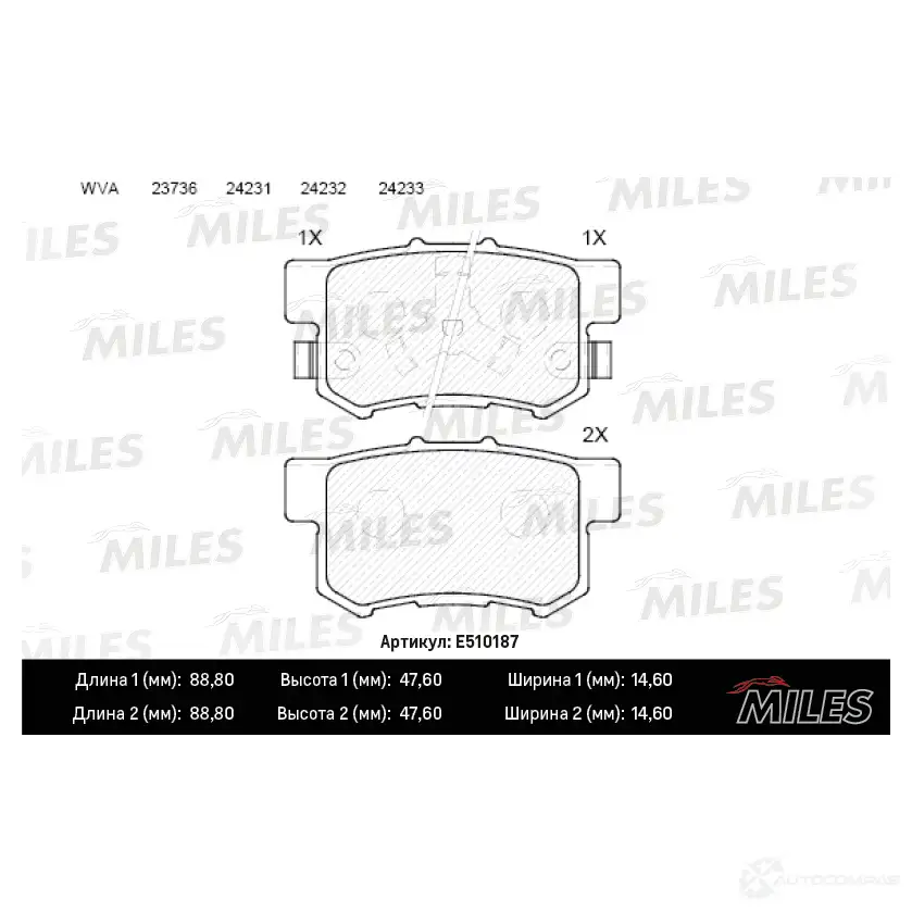 Тормозные колодки дисковые, комплект MILES E510187 1436968098 16 Y28M - Изображение 1