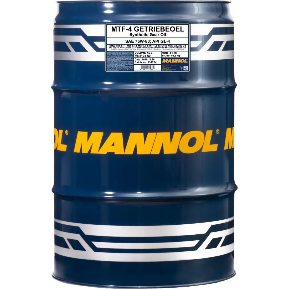 Трансмиссионное масло в мкпп, редуктор синтетическое MN810460 MANNOL SAE 75W-80 API GL-4, 60 л MANNOL MN810460 1436797732 F7 84N изображение 0