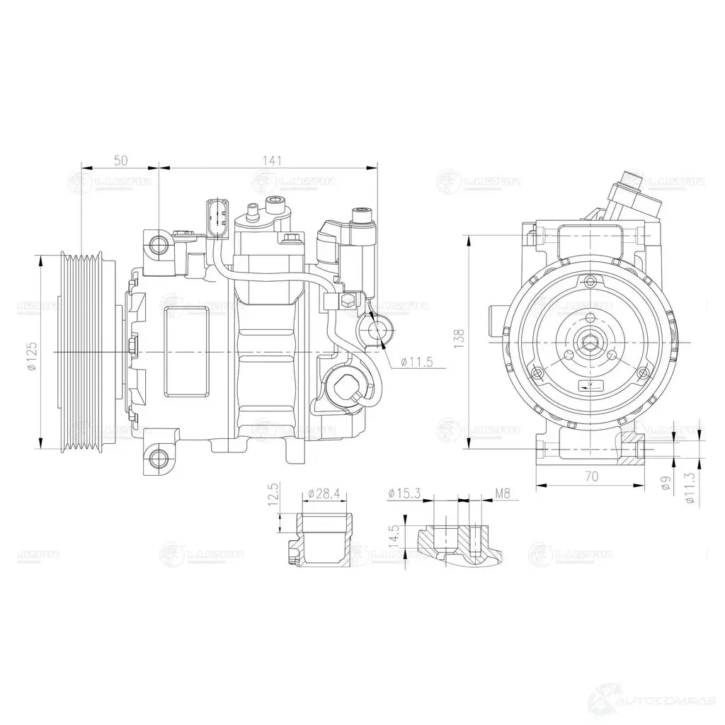 Компрессор кондиционера для автомобилей A4 (B7) (04-)/A8 (05-)/Q7 (10-) (125mm 6PK) LUZAR BF39M B6 1440016308 lcac1832 изображение 2