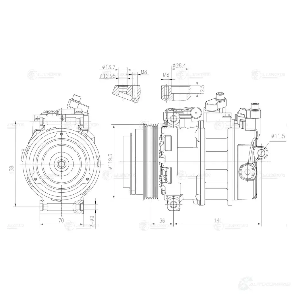Компрессор кондиционера для автомобилей C (W202) (93-)/E (W210) (95-)/Sprinter (95-) LUZAR 1440019462 5XKUSX R lcac1552 изображение 2