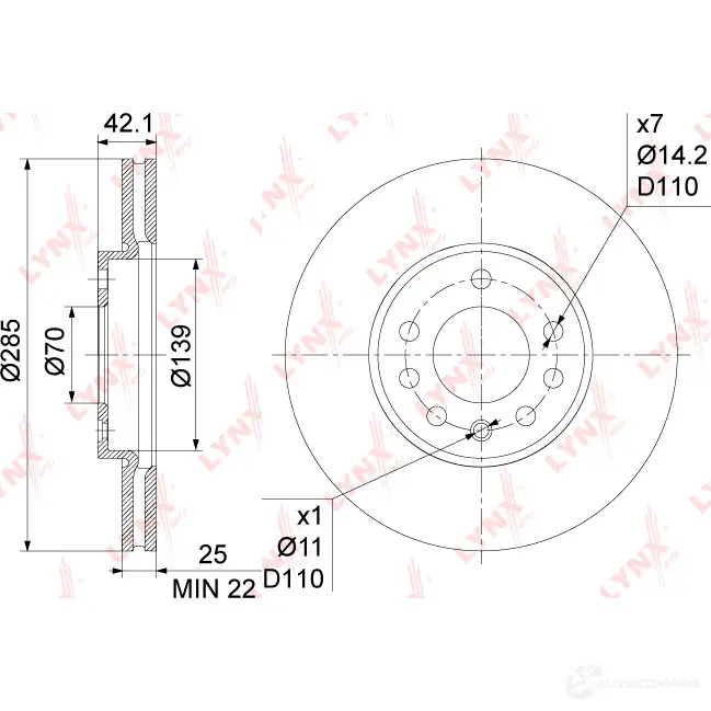 Тормозной диск LYNXAUTO 1268629475 P97Q9 I BN-1122 изображение 2