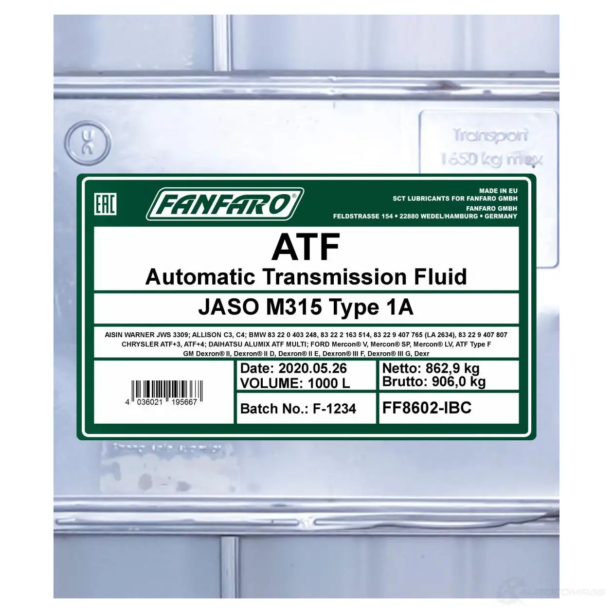 Трансмиссионное масло в АКПП FANFARO 1437433859 Z IYTJ FF8602IBC изображение 1