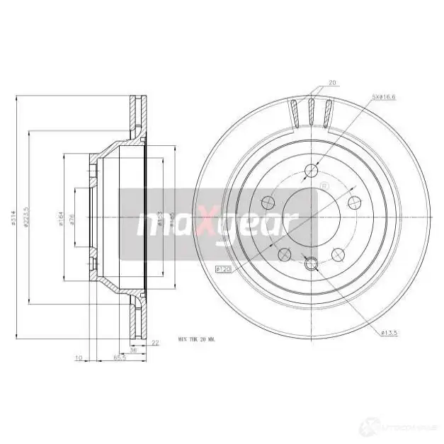 Тормозной диск MAXGEAR 9 U5K1AJ 2837404 191874