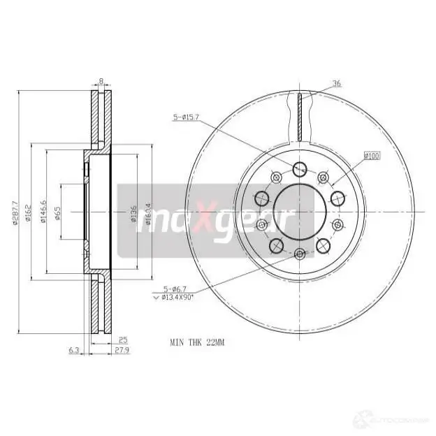 Тормозной диск MAXGEAR 190762 OQ2A P1R 2836008 изображение 0