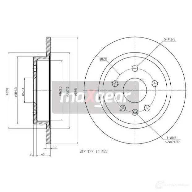 Тормозной диск MAXGEAR 192017max 1425009410 NA3PT B