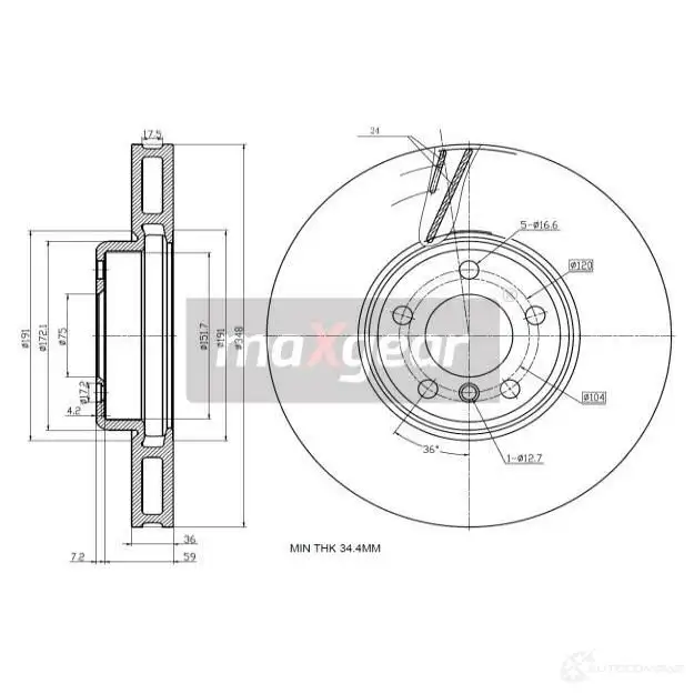 Тормозной диск MAXGEAR 193234 1228280833 W BXZRV
