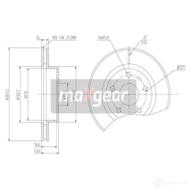 Тормозной диск MAXGEAR 3IYU 2H5 1425009375 191827max