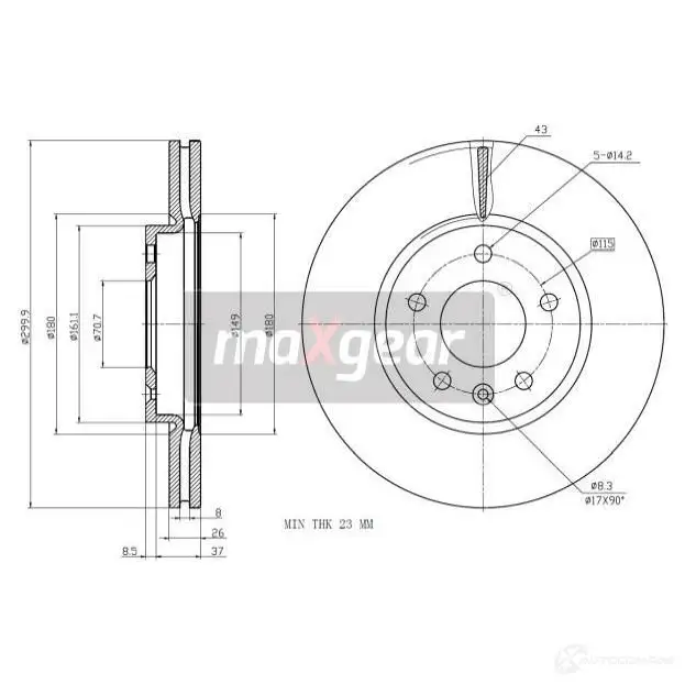 Тормозной диск MAXGEAR 1425009618 T 2W7E1X 192332max
