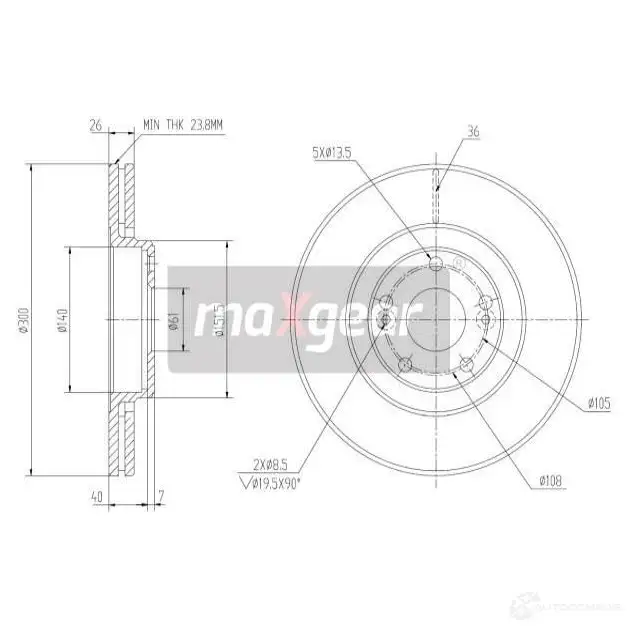 Тормозной диск MAXGEAR 2836161 A8X DO 190819max изображение 1