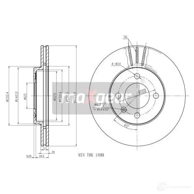 Тормозной диск MAXGEAR 2835986 190754 4C3X4Q L