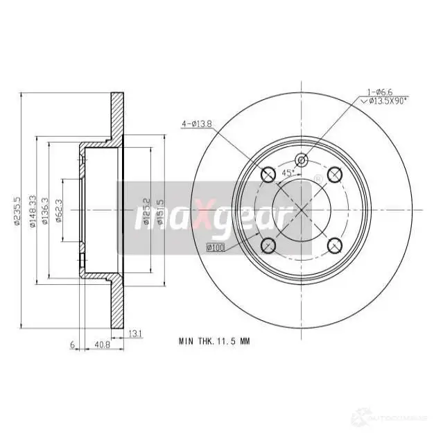 Тормозной диск MAXGEAR W6YFRJ G 190773 2836034