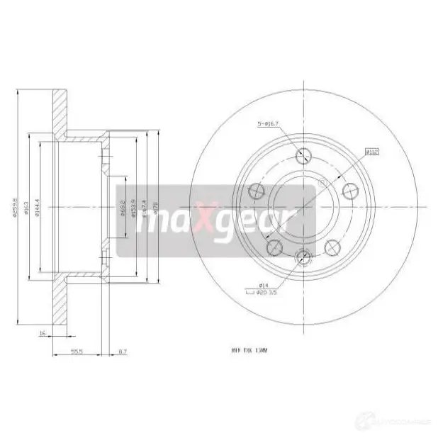 Тормозной диск MAXGEAR 190983 2836434 WV 04ZX