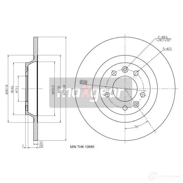 Тормозной диск MAXGEAR 191845 2837337 95 RO2T
