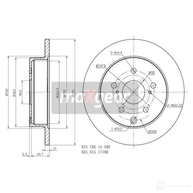 Тормозной диск MAXGEAR 1425009631 192466max OAK R3RH