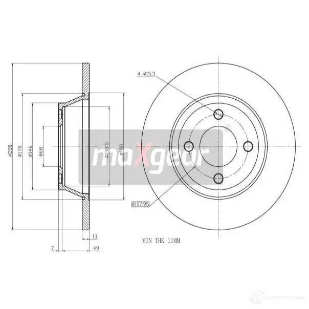 Тормозной диск MAXGEAR 190782max 1T68UW T 1425005044