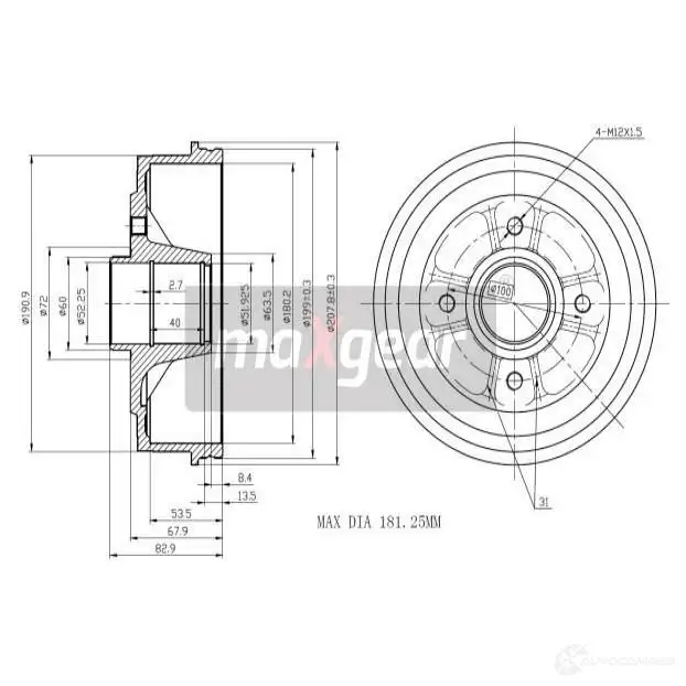 Тормозной барабан MAXGEAR 4 X8YX 2836544 191030 изображение 0