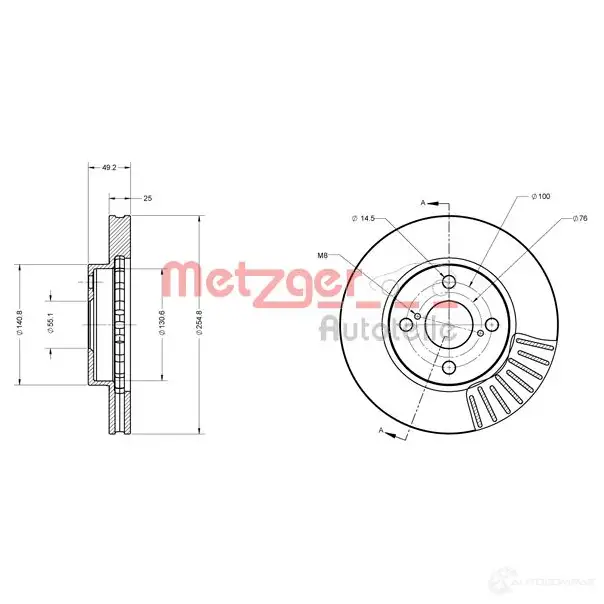 Тормозной диск METZGER 4250032639655 6110167 1009277 QE 756F0 изображение 0