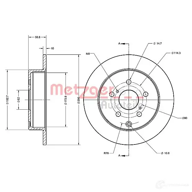 Тормозной диск METZGER 1009530 HI LQGI 6110455 4250032642532 - Изображение 1