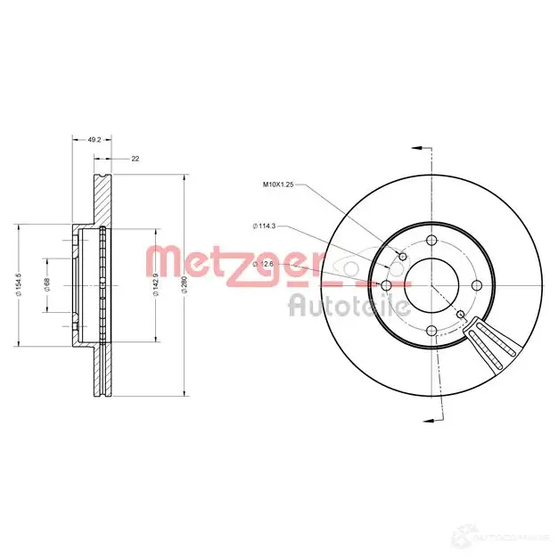 Тормозной диск METZGER 4250032638634 6110066 Y 6D2R 1009178 - Изображение 1