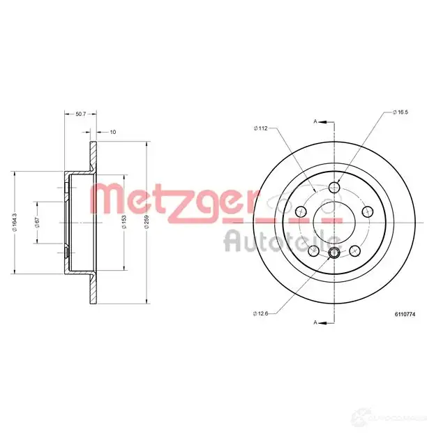 Тормозной диск METZGER 4062101002051 6110774 BXK5 7T 1425078527 изображение 1