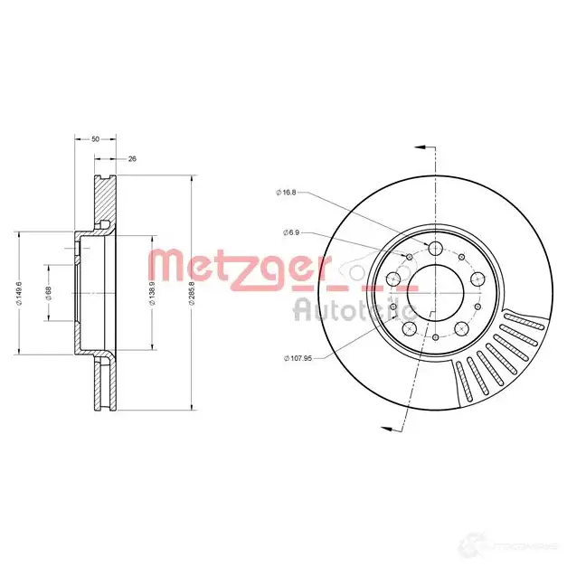 Тормозной диск METZGER 6110561 RV M2V 4250032643591 1009617 - Изображение 1