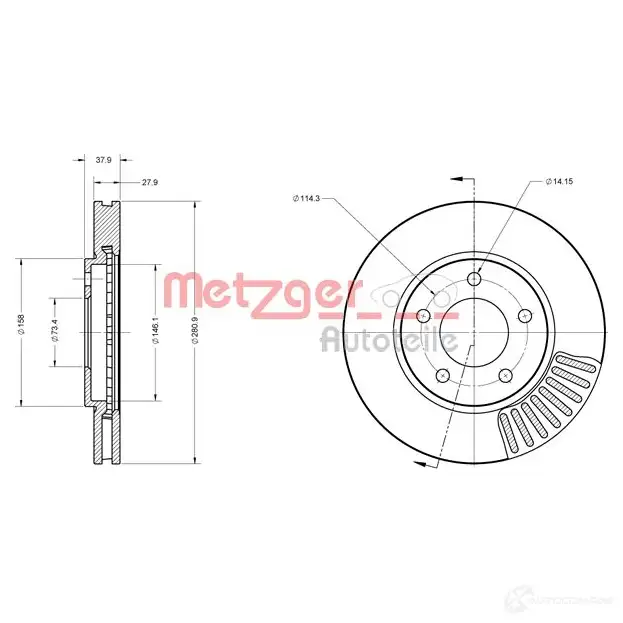 Тормозной диск METZGER 4250032641801 6110382 67QGQ V 1009476 - Изображение 1
