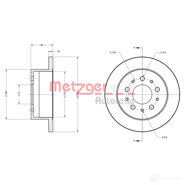 Тормозной диск METZGER A4VI33 1009684 6110651 611044 6 изображение 1