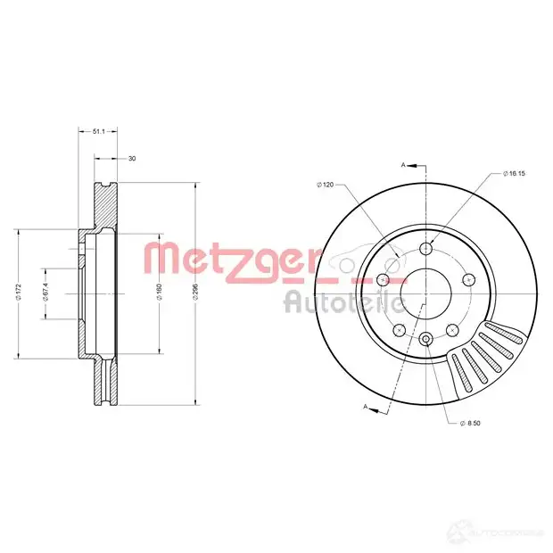 Тормозной диск METZGER 6110296 4250032640941 8 1LGCR 1009402 - Изображение 1