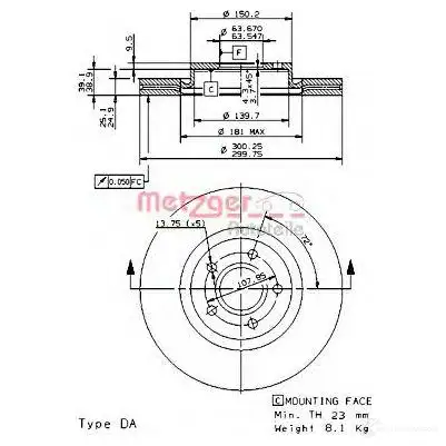 Тормозной диск METZGER 24925v 1004292 DB4J 8 8020584015759 изображение 0