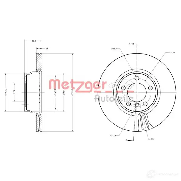 Тормозной диск METZGER U 1K6RFE 6110743 4250032692285 1009769 изображение 1