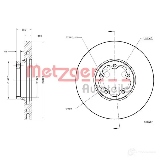 Тормозной диск METZGER 6110767 4250032733667 K7I JT2I 1211933065 изображение 1