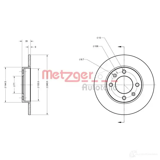 Тормозной диск METZGER 4250032638917 6110094 K1 I82U 1009205 - Изображение 1