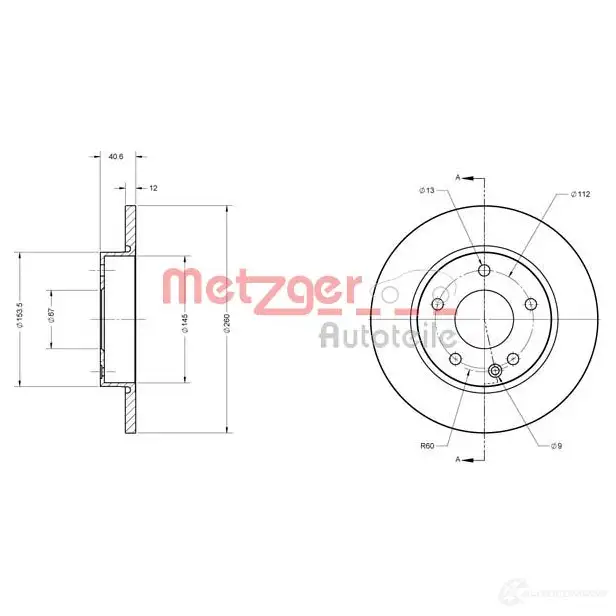 Тормозной диск METZGER 6110129 NGR UDNG 4250032639273 1009240 - Изображение 1