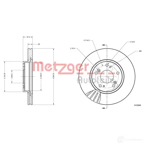Тормозной диск METZGER 4250032643973 1009647 OLDA 9Y 6110599 изображение 1