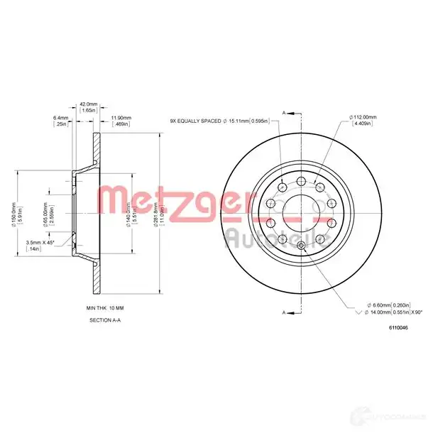 Тормозной диск METZGER 6110046 TH YU70C 4250032638436 1009159 изображение 1