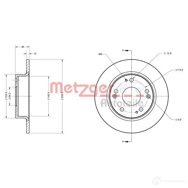 Тормозной диск METZGER A3BO QK 1009407 6110302 4250032641009 изображение 0