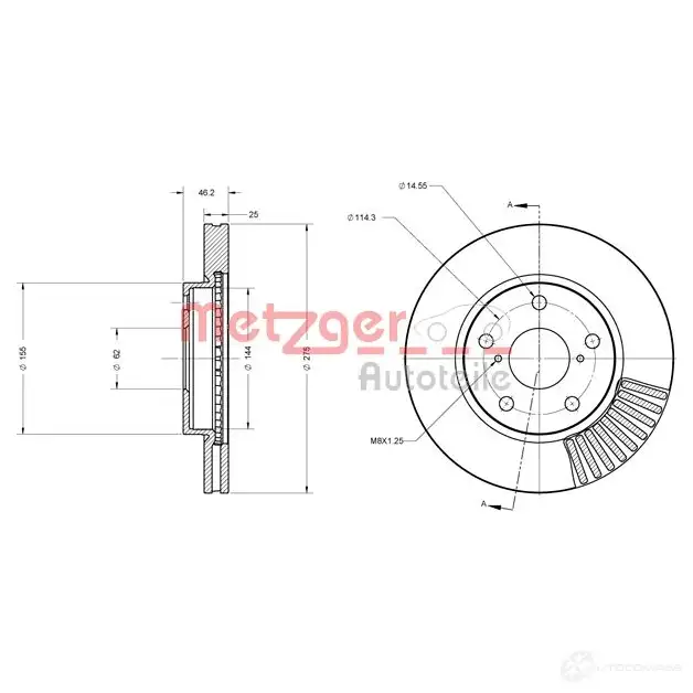 Тормозной диск METZGER 1009653 4250032644093 6110611 61CA 2I - Изображение 1