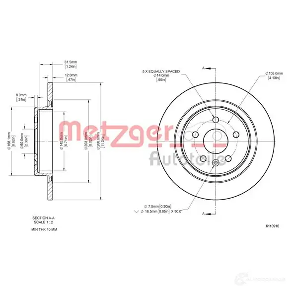 Тормозной диск METZGER 6110910 1437615434 0C RWS изображение 1