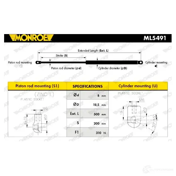 Амортизатор капота MONROE ML5491 G1R6 F1 497851 5412096345616 - Изображение 1
