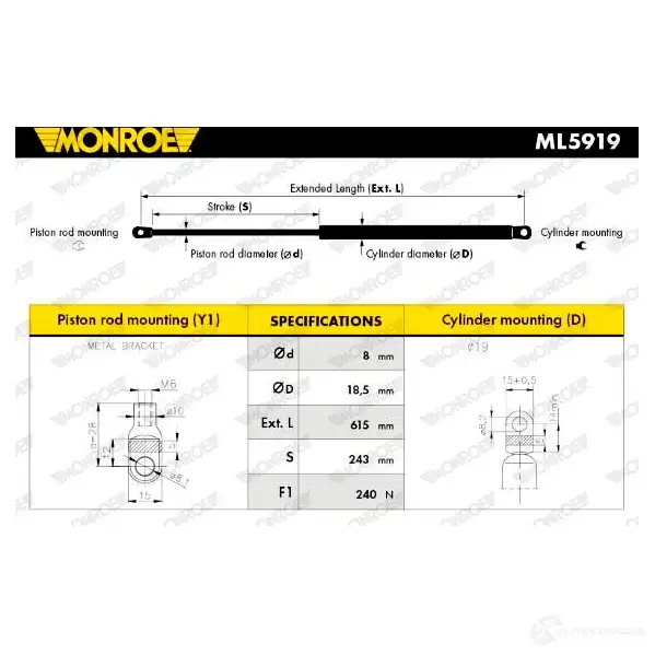 Амортизатор капота MONROE 5412096416743 498249 ML5919 Y3 SLLGO изображение 0