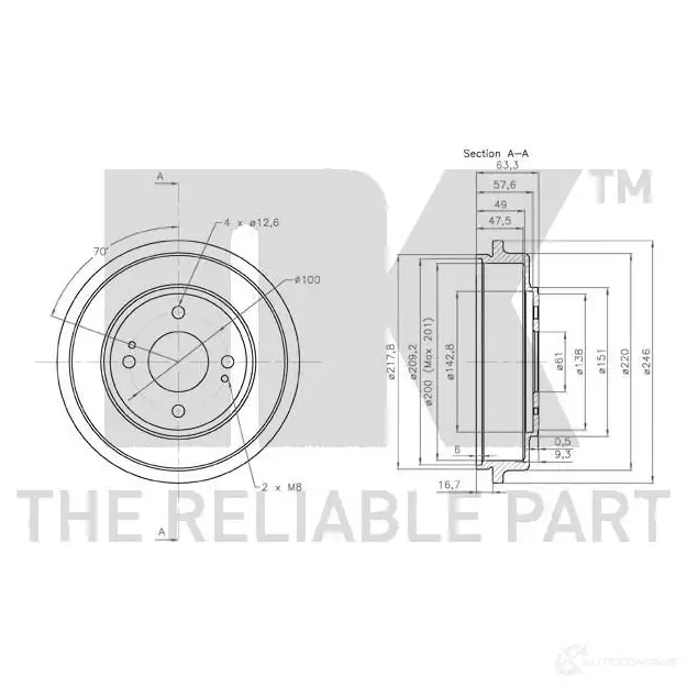 Тормозной барабан NK 5703858748692 1239553 252607 2CLF BLZ изображение 2