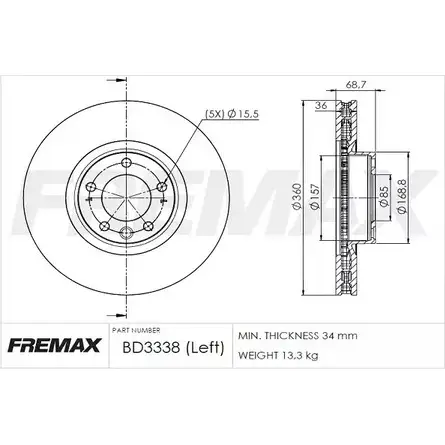 Тормозной диск FREMAX LKKQQ 49 RHY8 BD-3338 2886686 изображение 0
