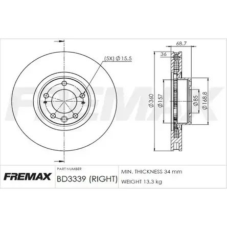 Тормозной диск FREMAX D7B8F2 9 2886687 BD-3339 2Q4TNH изображение 0