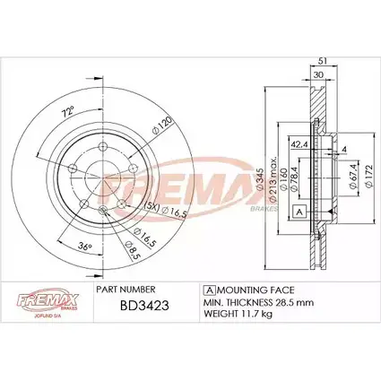 Тормозной диск FREMAX TGI NJPM 2886722 DPUG1R BD-3423 изображение 0
