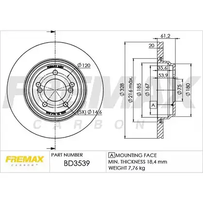 Тормозной диск FREMAX BD-3539 AKJTY4 NRP SZ14 2886751 изображение 0