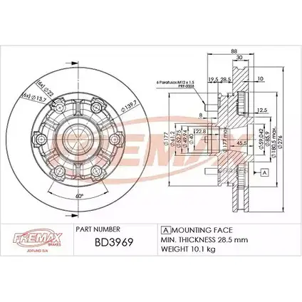Тормозной диск FREMAX SEU SZX 2886819 BD-3969 L14Y3X