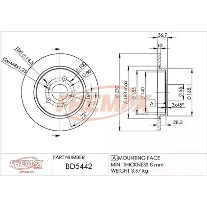 Тормозной диск FREMAX BD-5442 J 70PE KN0J9F 2887250 изображение 0