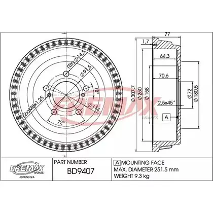 Тормозной барабан FREMAX 2887779 BD-9407 6MGQYY5 VI0 UR6L