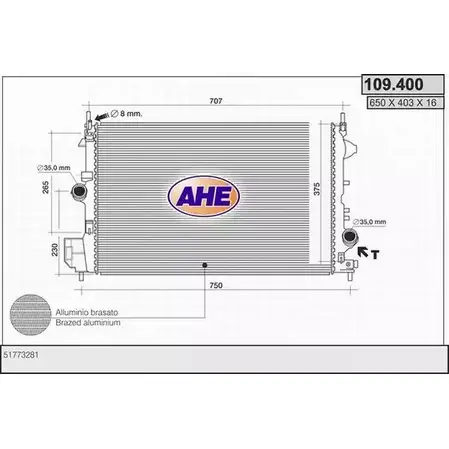Радиатор охлаждения двигателя AHE 109 .400 2924976 109.400 Q51D94M