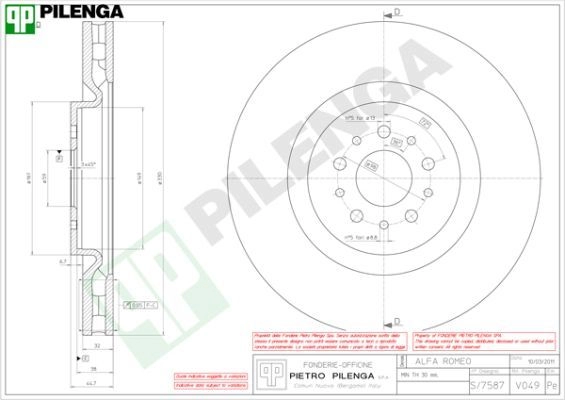 Тормозной диск PILENGA 1E4Q G2X V049 2363804 изображение 0